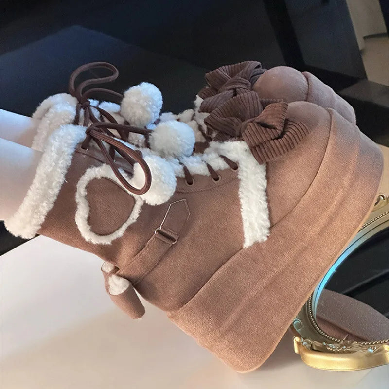 LBSFY  -  Sweet Winter Girls Lolita Mid-Calf Snow Boots,Cute Female Students Plush Warm Bowknots Lace Up Wedge Heel Heightening Shoes
