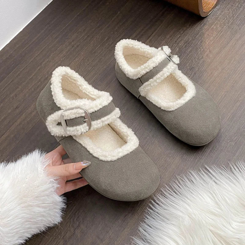 LBSFY  -  Designer Winter Mary Jane Cotton Shoes Women Belt Buckle Fashion Warm Fur Flats Shoes Femme Comfort Soft Sole Ballerina Shoes