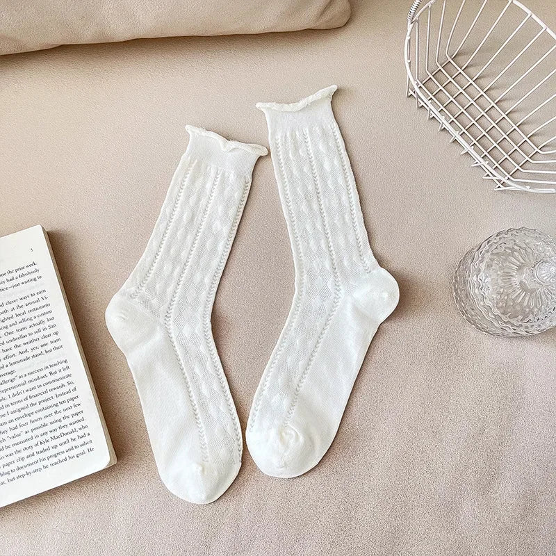 Lbsfy 1pair Spring Women Heart Hollow Out Lolita Style Cute Socks Thin Middle Tube Socks for Girl Sweet Soft Designer Loose Socks