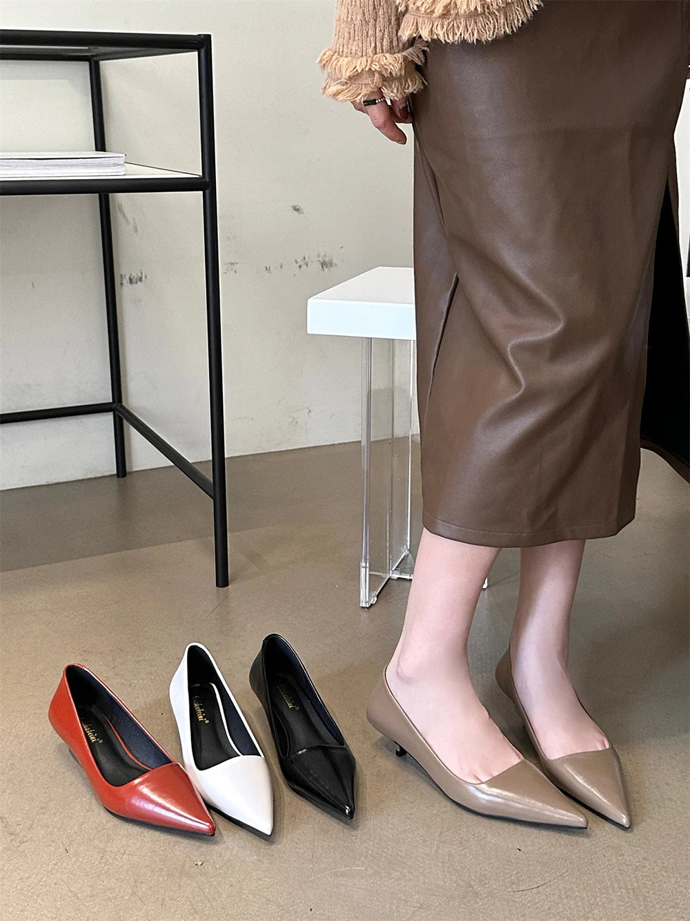 LBSFY  -  Fashion Women Pumps Pointed Toe Shallow Slip On Thin Mid Heels Black Red Khaki Red Office Shoes Woman Sexy Pumps Size 35-39