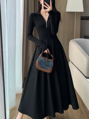 LBSFY -Vintage Elegant Solid Knitted Midi Dresses Women Korean Casual Long Sleeve Slim A-Line Black Birthday Party Robe Autumn Clothing
