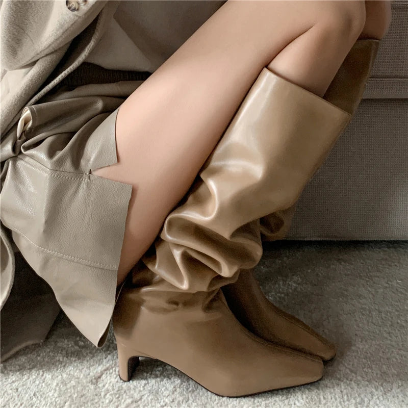LBSFY  -  2025 New Genuine Leather Boots Women Square Toe High Heels Pleated Knee High Boots Fashion Modern Boots Street Shoes