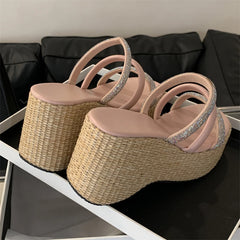 LBSFY  -  New Design Crystal Diamond Narrow Band Women Slippers Summer Platform Wedges High Heels Banquet Ladies Shoes