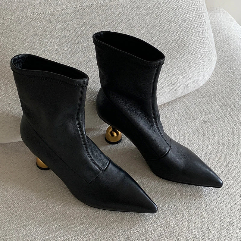 LBSFY -New Style Fashion Women High Heels Short Leather Boots Female Pointed Thin Heel Boots Ladies Ankle Short Boots Zapatos De Mujer