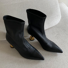 LBSFY -New Style Fashion Women High Heels Short Leather Boots Female Pointed Thin Heel Boots Ladies Ankle Short Boots Zapatos De Mujer