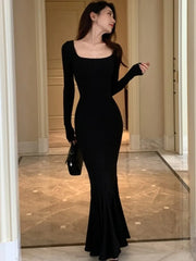 LBSFY -Autumn Sexy Black Mermaid Party Dress for Women Square Collar Long Sleeve Slim Bodycon Vestidos Elegant Streetwear Long Robe