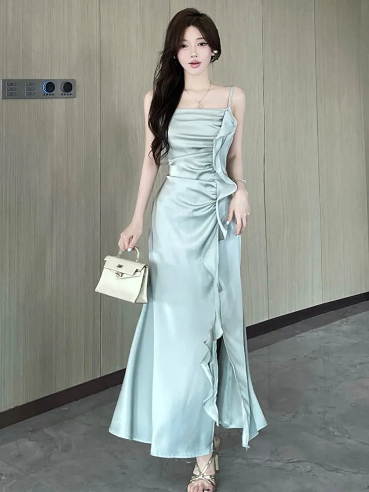 LBSFY -Party Chic Elegant Satin Split Sling Dresses For Woman Ruffles High Waist Folds Long Dress Prom Female Clothes 2025 New Robe
