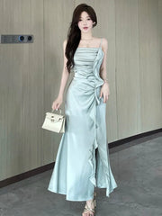 LBSFY -Party Chic Elegant Satin Split Sling Dresses For Woman Ruffles High Waist Folds Long Dress Prom Female Clothes 2025 New Robe