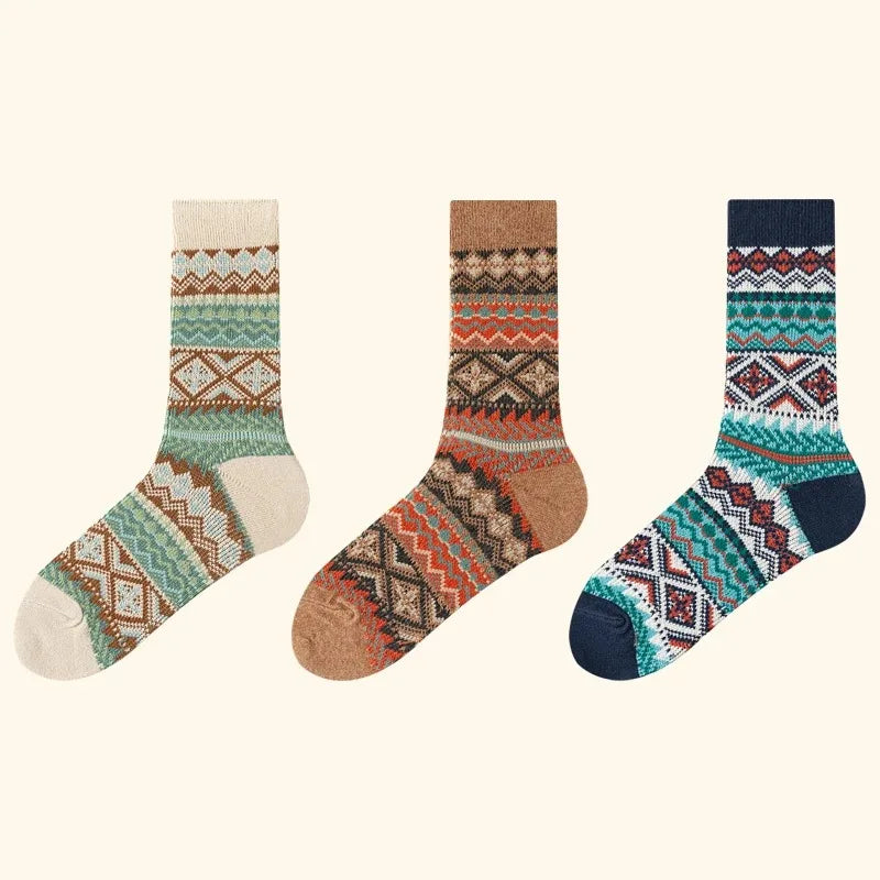 Lbsfy 3 Pairs Men's Retro Socks Ethnic Style Geometric Stripes Cotton Crew Socks Male Breathable and Sweat-absorbing Winter Warm Sock