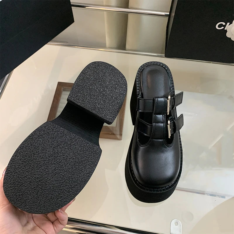 LBSFY -Black Chunky Heeled Slippers Women Platform Wedge Heels 11cm Punk Rivet Close Toe Summer Shoes Size 34-42 Femme Footwear