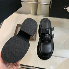 LBSFY -Black Chunky Heeled Slippers Women Platform Wedge Heels 11cm Punk Rivet Close Toe Summer Shoes Size 34-42 Femme Footwear