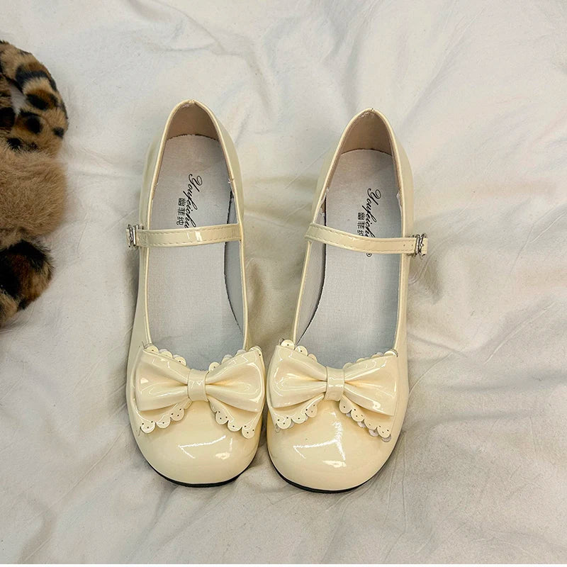 LBSFY -Cute Butterfly-knot Women Lolita Mary Jane Shoes Concise Thick Heel Leather Shoes Ladies Shallow Pumps