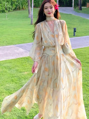 LBSFY -Elegant V-neck Puff Sleeve Yellow Floral Dress Y2K Women Chiffon Waist-fitted Slim Long Dresses Korean Femme Clothings Summer