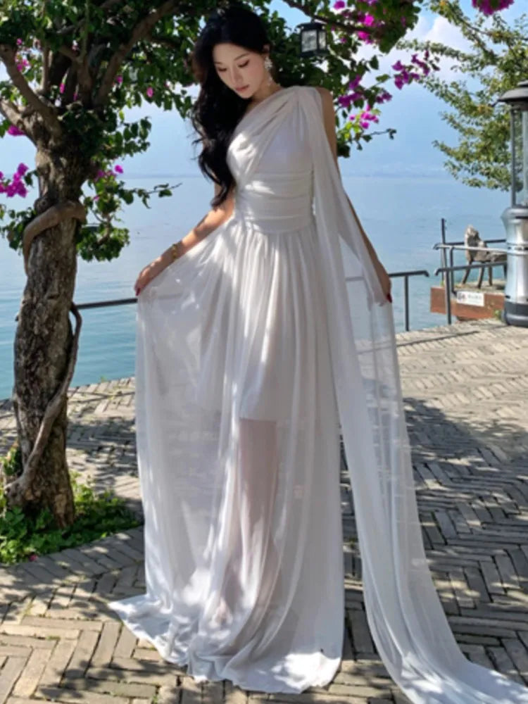 LBSFY -French Retro Goddess Elegant Dresses For Woman White Single-Shoulder Flowy Strap Long Dress Fashion Vacation Holiday New 2025