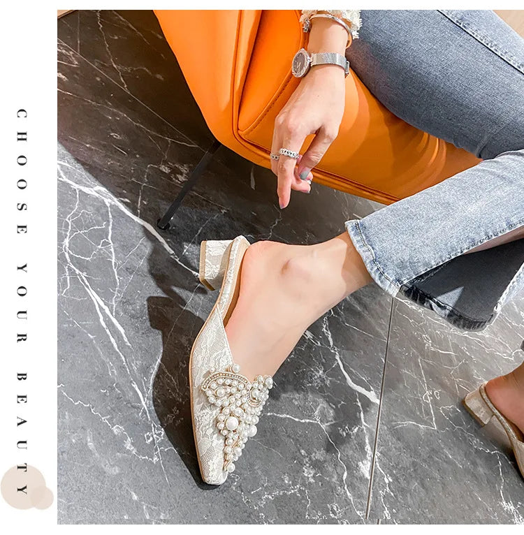 LBSFY -Pearl Half Slippers Women Shoe Autumn Rhinestone Chunky Mid Heel Slipper Sandals Fashion Muller Casual Versatile Single Shoes