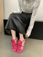 LBSFY  -  Flower Heeled Sandal Luxury Silk Rose Flower Open-toe Stiletto Women's Shoes Roman Sandals 35-40 Sizes High Heels