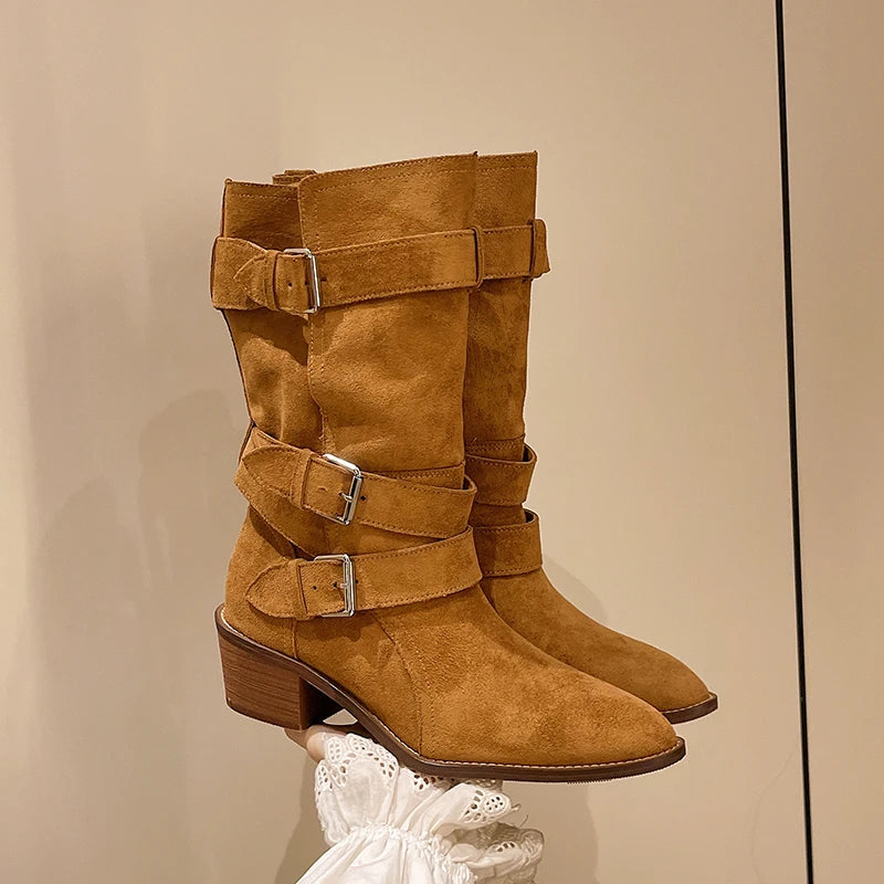 LBSFY -New Style Fashion Women's Apricot Low Heel Suede Ankle Boots for Women Western Cowboy Boots Side Zip Short Boots Zapatos Mujer