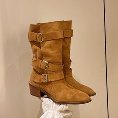 LBSFY -New Style Fashion Women's Apricot Low Heel Suede Ankle Boots for Women Western Cowboy Boots Side Zip Short Boots Zapatos Mujer