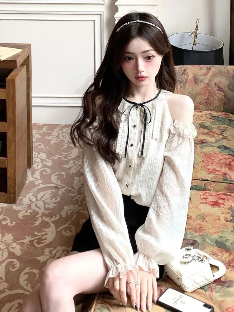 LBSFY -Women Fashion Elegant Casual Blusas Mujer Long Sleeve Webbing Tops O-neck Ruffles Bandage Lace Up Summer Sweet Chic 2025 Clothes