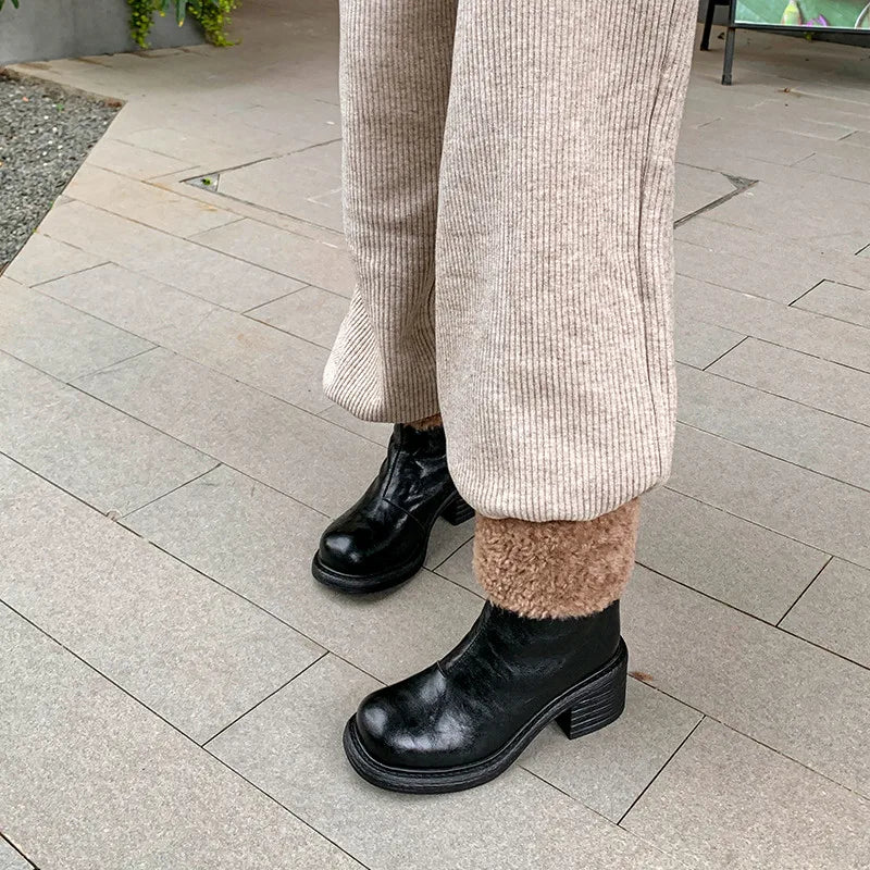 LBSFY  -  Fashion Short Boots Women's New High Quality Genuine Leather Boots Winter Warm Wool Boots Round Head High Heels Boots