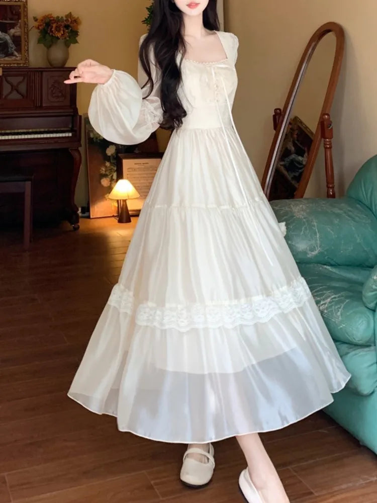 LBSFY -French Ruffle Lace Midi Dress Elegant Fairy Square Neck Long Sleeve A-line Vestidos Casual Slim Evening Party Solid Mujers Robe