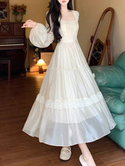 LBSFY -French Ruffle Lace Midi Dress Elegant Fairy Square Neck Long Sleeve A-line Vestidos Casual Slim Evening Party Solid Mujers Robe