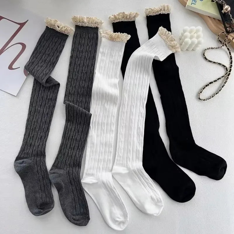 Lbsfy Japanese JK Lace Socks Lolita Lace Stockings Women Knitted Pattern Girls Cute Elegant Solid Color Winter Warmer Floor Hosiery