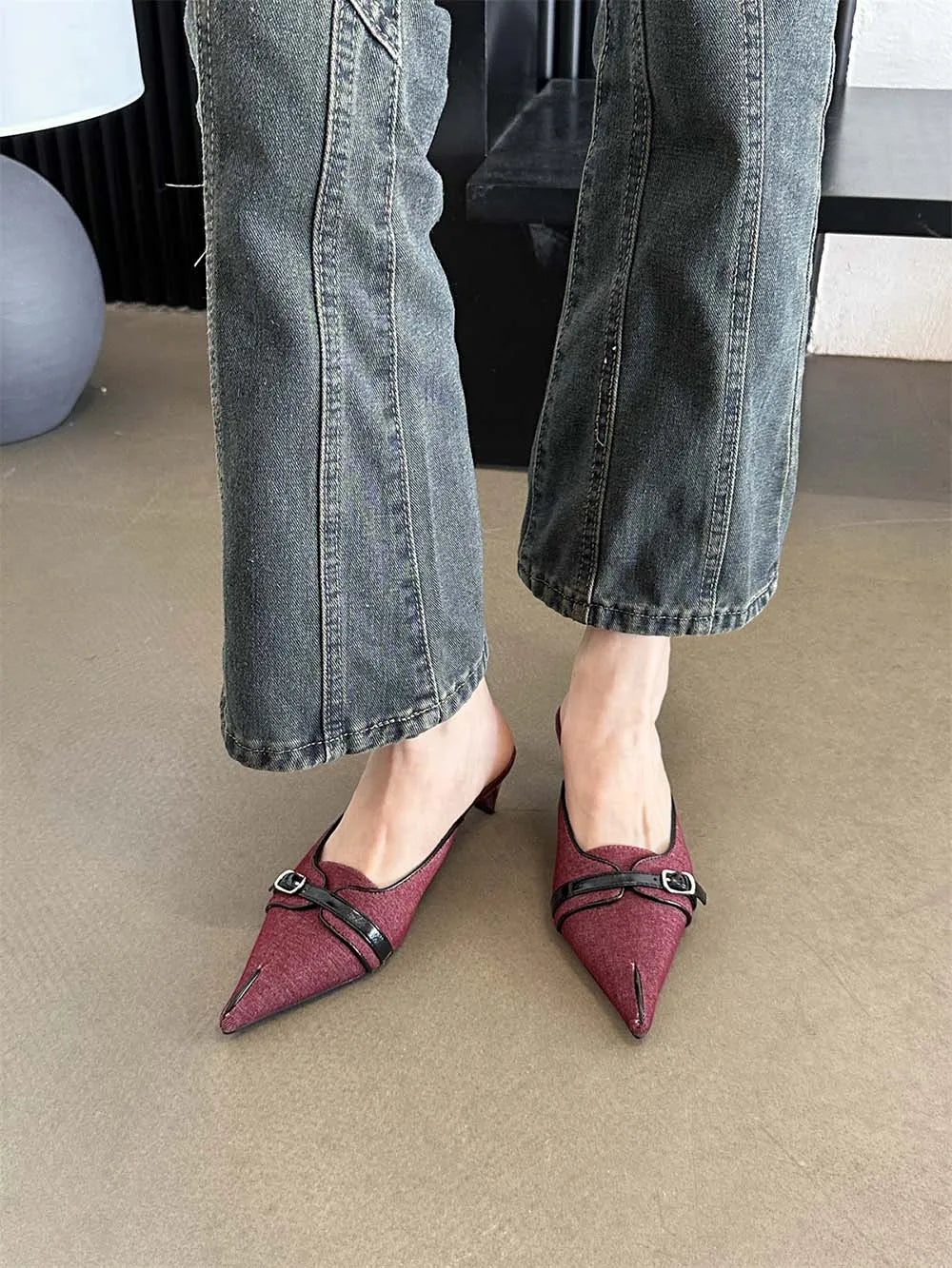 LBSFY  -  Casual Women Slides Slippers Pointed Toe Black Red Green 2024 New Arrivals Belt Buckle Thin Mid Heeled Outside Mules Shoes 39