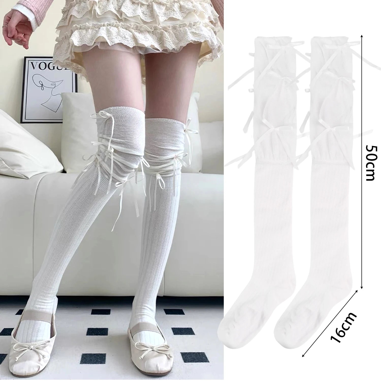 Lbsfy Lolita Long Socks Women Bandage Ribbon Bow Sweet Girls Kawaii Cute Middle Tube Socks Ballet Style Solid Color Black White Socks