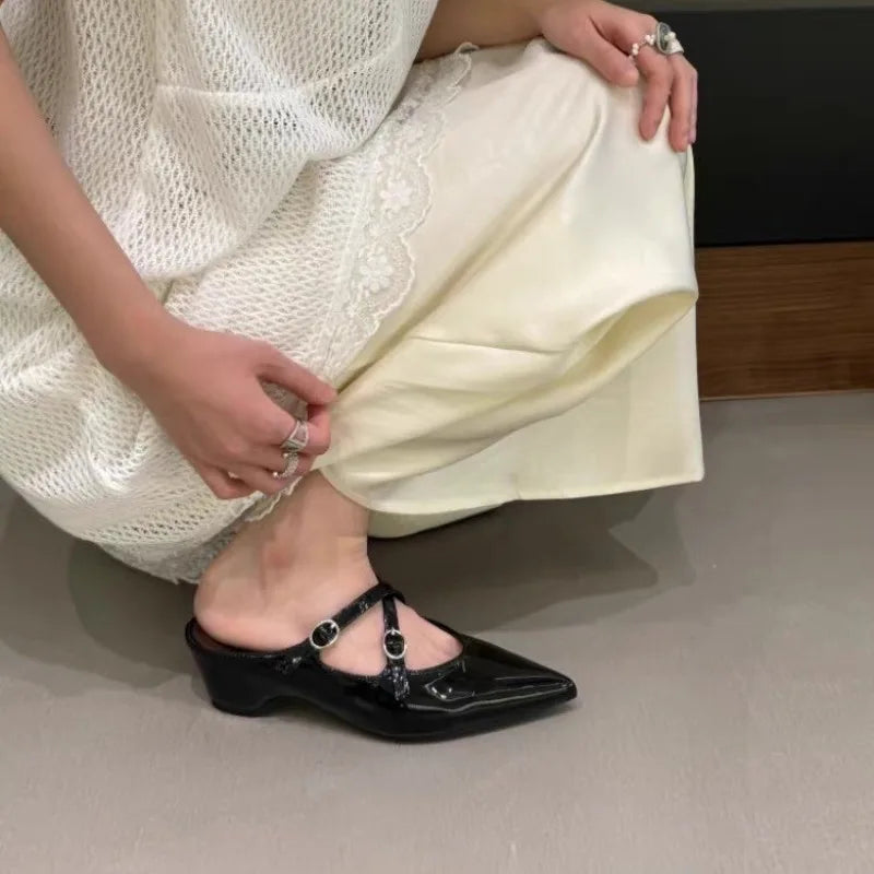 LBSFY -New Style Elegant Leather Sandals Women Sexy Pointy Toe Cross Strap Design Slide Sandals Luxury Party Dress Heel Sandalias