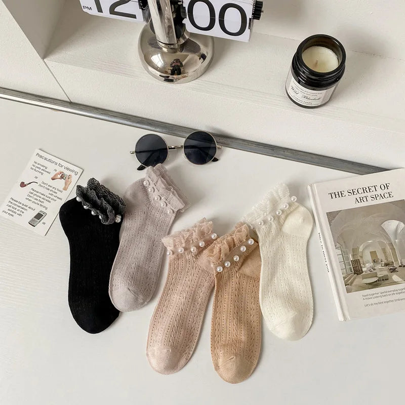 Lbsfy 5 Pair/Lot Mesh Breathable Fashion Lace Socks Women Kawaii Pearl Decoration Short Socks Female Spring Summer New Sokken Femme