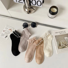 Lbsfy 5 Pair/Lot Mesh Breathable Fashion Lace Socks Women Kawaii Pearl Decoration Short Socks Female Spring Summer New Sokken Femme