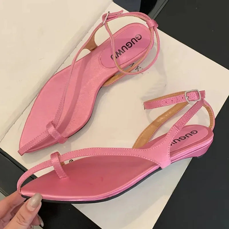 Lbsfy Footwear Women Summer 2025 Pointed Toe Flip Flops Female Ankle Strap Elegant Low Heel Concise Fashion Brand Roman Sandals Ladies