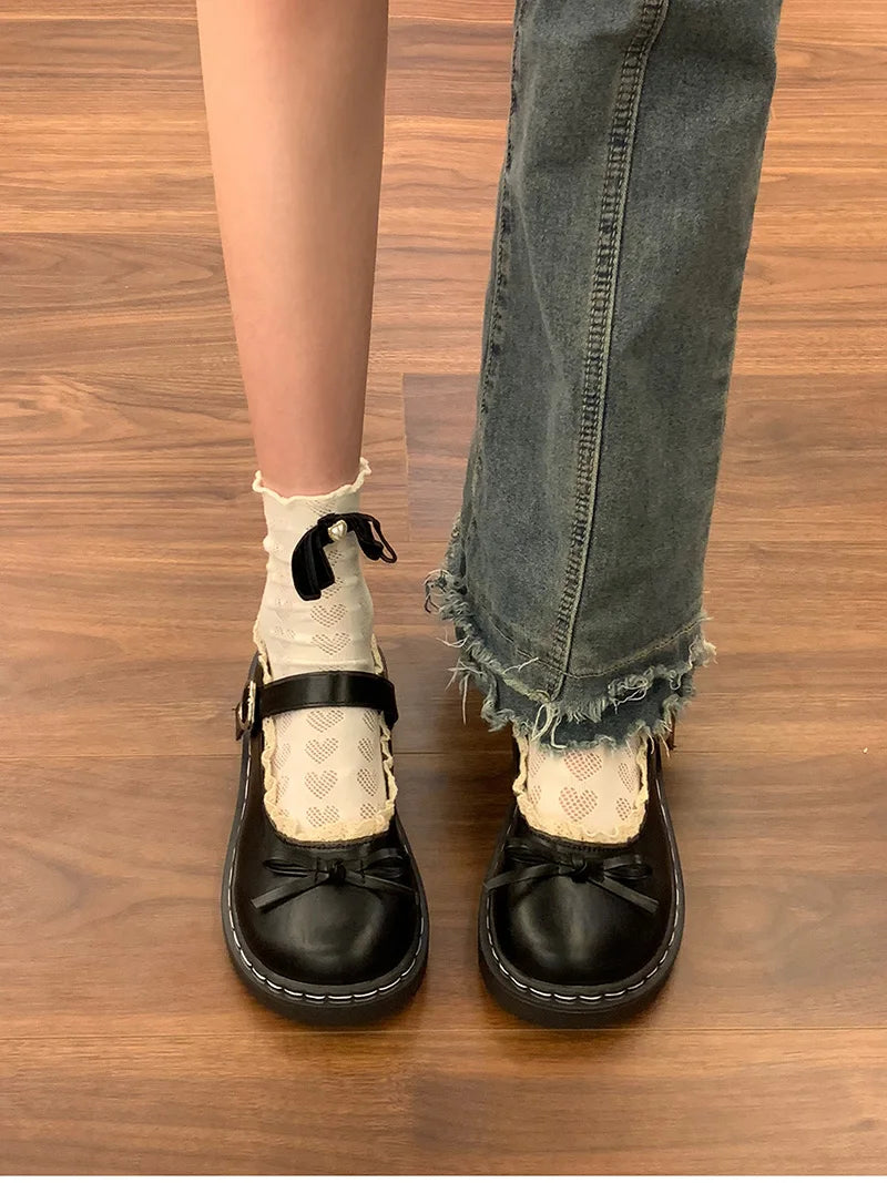 LBSFY -Butterfly-knot Lolita Women Leather Shoes Shallow Round Toe Ladies Concise Outdoor College Style Mary Jane Shoes