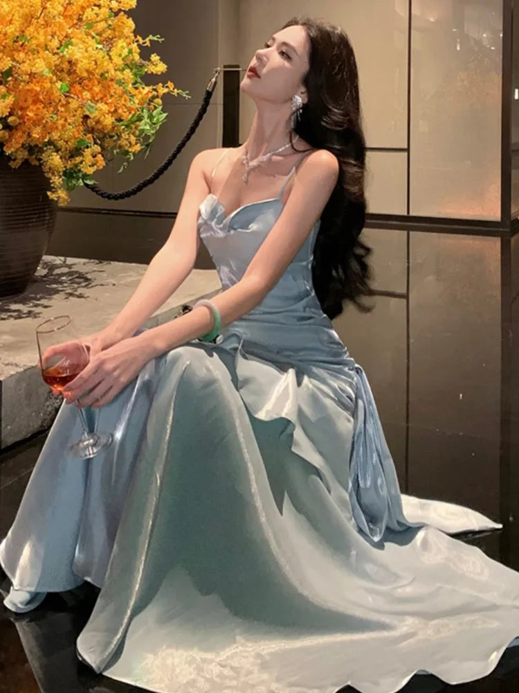 LBSFY -Fashion Spaghetti Strap Elegant Ruffles Women's Long Dresses Sleeveless Princess Party Dress Summer Slim Waist Casual Vestidos