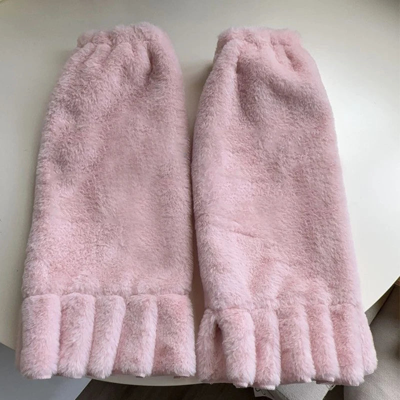 Lbsfy Kawaii Pink Love Heart Fur Leg Warmers Winter Y2K Sweet Leg Covers Rabbit Bow Plush Fur Warm Harajuku Boot Cuffs JK Lolita Sock