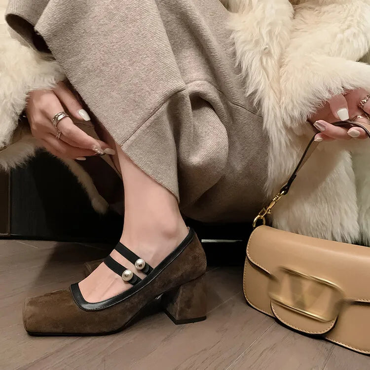 LBSFY  -  NEW Spring/Autumn Women Pumps Sheep Suede Leather Shoes for Women Square Toe Chunky Heel Shoes Pearl High Heel Mary Janes Shoes