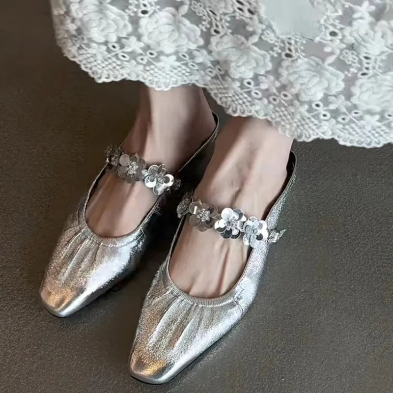 LBSFY -Bright Leather Flower Slip Slippers Summer New Square Toe Shallow Mouth Inside Heightened Pleated Wrapped Toe Sandals