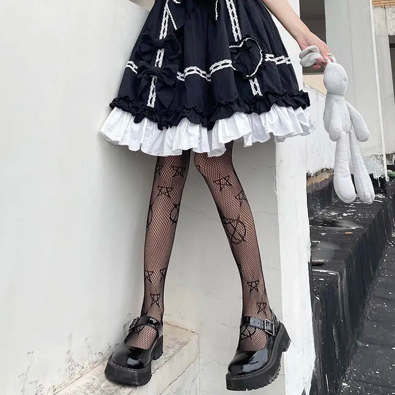 Lbsfy Lolita Girls Cute Pentacle Print Tights Women Sexy Gothic Punk Magical Five-Pointed Star Mesh Fish Net Pantyhose Body Stockings