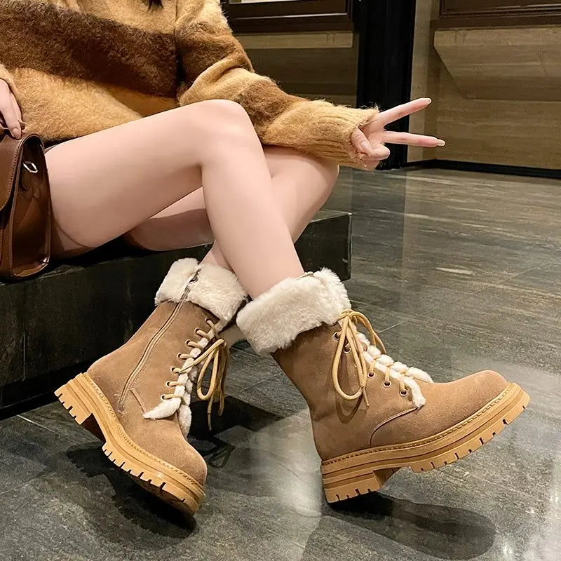 LBSFY  -  Cow Suede Leather Boots Women Lace Up Platform Thick Fur Warm Winter Snow Boots Ladies Fashion Ankle Boots Shoes