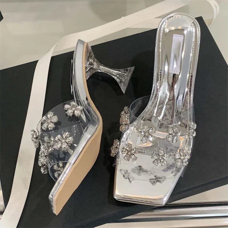 LBSFY -Fashion Crystal Diamond PVC Transparent Square Toe Woman Slippers Sexy High Heels Stripper Party Slide Shoes