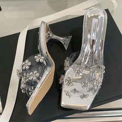 LBSFY -Fashion Crystal Diamond PVC Transparent Square Toe Woman Slippers Sexy High Heels Stripper Party Slide Shoes