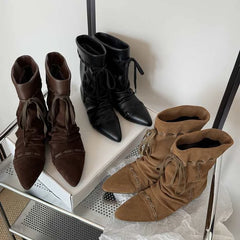 LBSFY -New Style Luxury Women's Thin Heel Short Boots Fashion Pointed Wide Tube Folded Stacked Boots Women's Large Ankle Boots