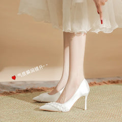 LBSFY  -  Size 30-44 White Wedding Shoes Sardine Satin Pointed Toe Stiletto Heels Women Pearls Dress Sheos