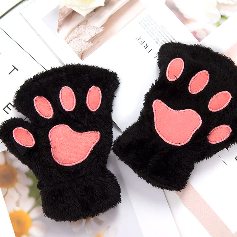 Lbsfy 1Pair Winter Gloves Women Bear Plush Cat Paw Claw Cute Kitten Fingerless Mittens Christmas Halloween for Girls Gift Gloves