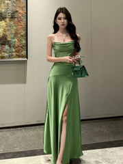 LBSFY -French Elegant Satin Women's Dresses Summer Swing-Collar Side Slit Slim Sexy Green Sling A-line Dress Party Evening Chic 2025
