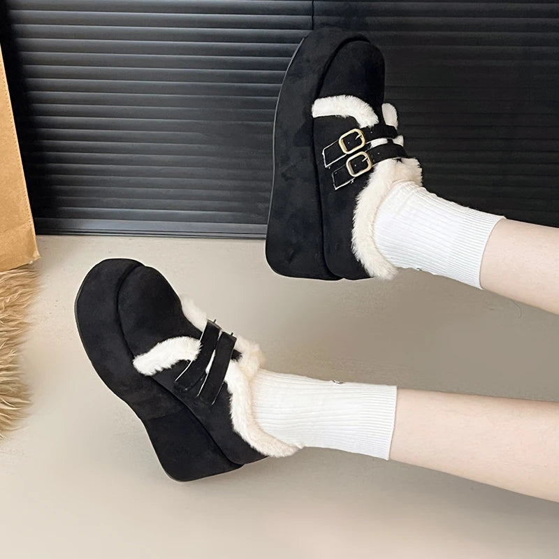 LBSFY  -  Winter Fur Women Mary Jane Shoes Fashion Belt Buckle Shoes Outdoor Platform Heel Warm Cotton Shoes