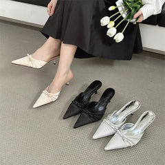 LBSFY -Spring Summer High Quality Butterfly-knot Pointed Toe Mules Women Slippers Fashion Thin Heels Party Dress Shoes
