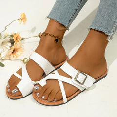 LBSFY -Women Sandals Outside Casual Beach Women Shoes Summer New Flats Flip Flop Sandals Walking Clip Toe Roman Buckle Ladies Slides
