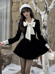 LBSFY -Autumn Velvet Mini Dress for Women French Vingate Bow Neck Lace Patchwork Evening Party Dresses Korean One Piece Vestidos Mujer